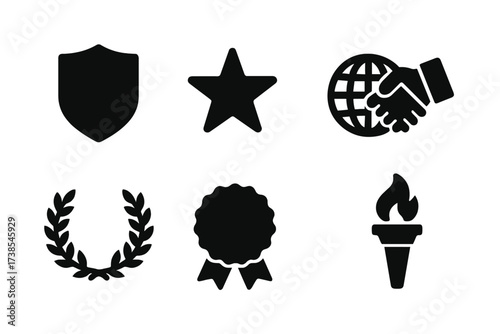 Agency Icon Set. Solid, filled icon set of agency logo elements: shield, star, globe, handshake, laurel wreath, badge, ribbon, torch. [Line icons in only black