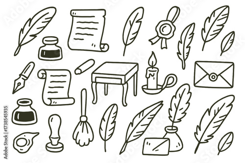 Vintage Writing Tools. Hand-drawn doodle illustration vintage writing tools quill pen, ink bottle, parchment, wax seal, feather, calligraphy nib, scroll,