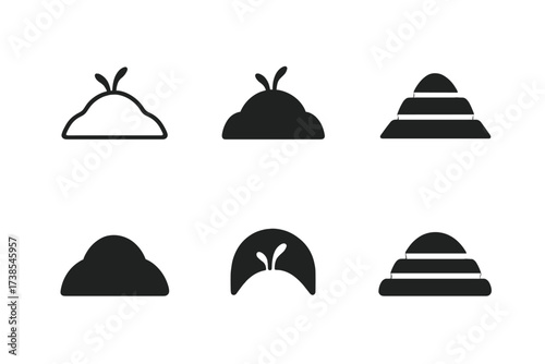 Geometric Soil Logos. Fertile soil. Set Logo of Soil mound: Soil mound. Minimal outline, Filled silhouette, Abstract geometric, Negative space, Flat solid,