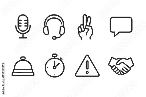 Dealer Communication Icons. Outline icon set of dealer communication: microphone, headset, hand signals, voice bubble, bell, timer, warning sign, handshake.