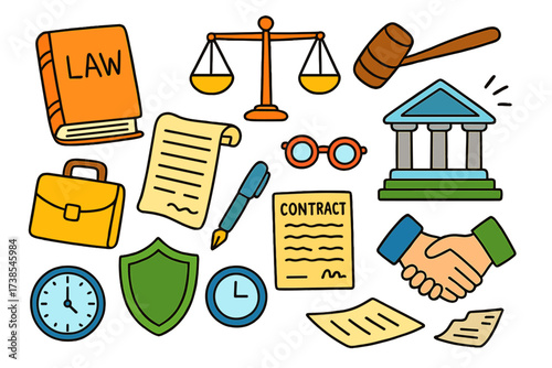 Colorful Legal Doodles. Law. Colorful Hand-drawn doodle Children illustration Law book, scales, gavel, scroll, courthouse, briefcase, contract, pen, glasses,