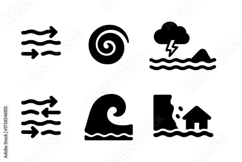 Tidal Hazard Icons. Solid, filled icon set of tidal hazards: strong current, whirlpool, storm surge, submerged rock, rip tide, wave impact, coastal erosion,