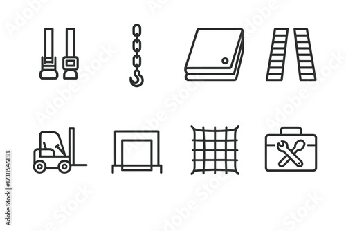Truck Equipment Icons. Outline icon set of truck equipment: straps, chains, tarps, ramps, forklifts, loading dock, cargo net, tool kit. Line icons in only
