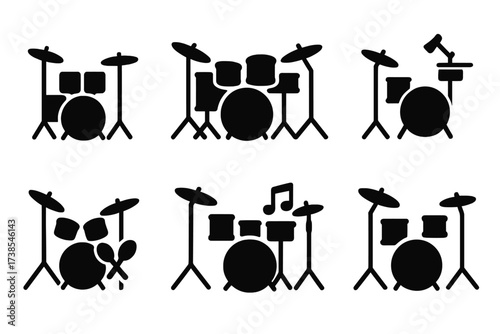 Music Genre Icon Grid. Solid, filled icon set of fill styles: jazz fill, rock fill, funk fill, Latin fill, metal fill, reggae fill, blues fill, pop fill.