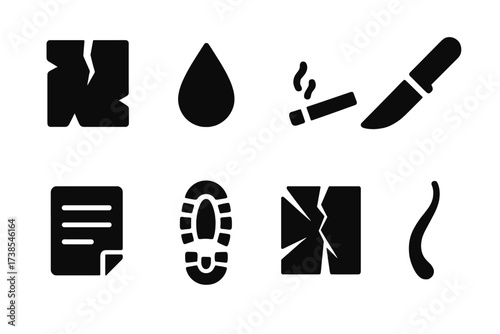 Clue Evidence Icons. Solid, filled icon set of clue evidence: torn fabric, blood drop, cigarette, weapon, note, shoeprint, broken glass, hair strand. [Line