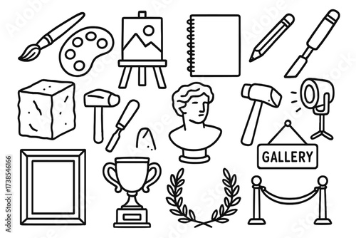Artistic Tools Doodle. Hand-drawn doodle illustration masterpiece tools paintbrush, palette, easel, canvas, pencil, sketchbook, chisel, hammer, marble block,