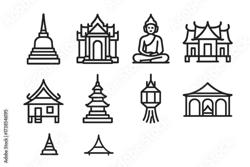 Thai Culture Icons. Outline icon set of Thai architecture: stupa, temple gate, Buddha statue, traditional roof, wooden house, pagoda, lantern, courtyard. Line