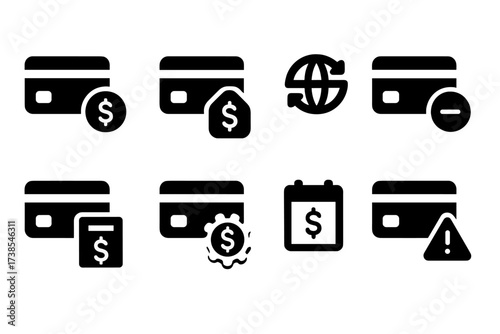 Debit Card Fees Icons. Solid, filled icon set of debit card fees: transaction fee, annual fee, foreign exchange fee, overdraft fee, ATM fee, late payment fee,