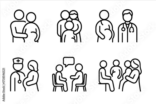 Pregnancy Support Icons. Outline icon set of pregnancy support: partner, family, friends, doctor, nurse, counselor, support group, doula. Line icons in only