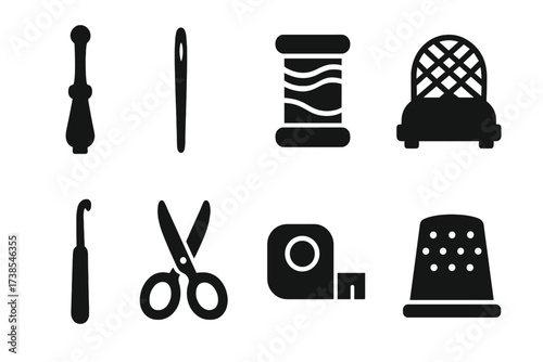 Lace-Making Tools Icons. Solid, filled icon set of lace-making tools: bobbin, needle, thread spool, lace pillow, crochet hook, scissors, tape measure, thimble.