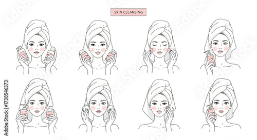 Illustrations of Women's Faces with Various Skincare Routines and Products Demonstrating Different Applications