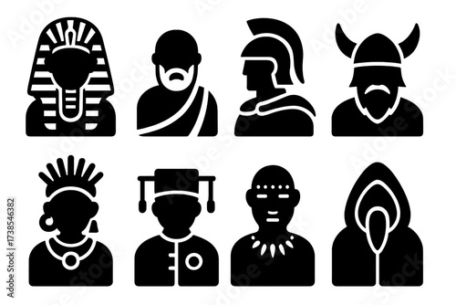 Ancient Icons Grid. Solid, filled icon set of ancient civilizations' ancestors: Egyptian pharaoh, Greek philosopher, Roman centurion, Viking warrior, Mayan
