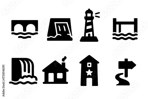 River Landmark Icons. Solid, filled icon set of river landmarks: bridge, dam, lighthouse, dock, waterfall, cabin, ranger station, trailhead. [Line icons in