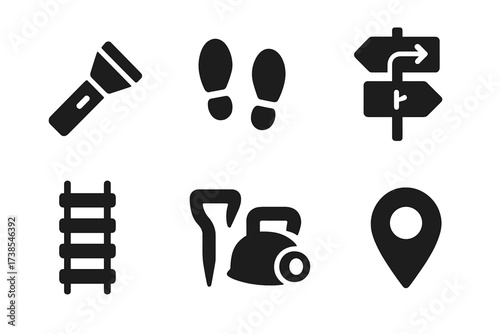 Cave Navigation Icons. Solid, filled icon set of cave navigation: flashlight, footprints, markers, trail signs, rope ladder, climbing spikes, helmet light, map