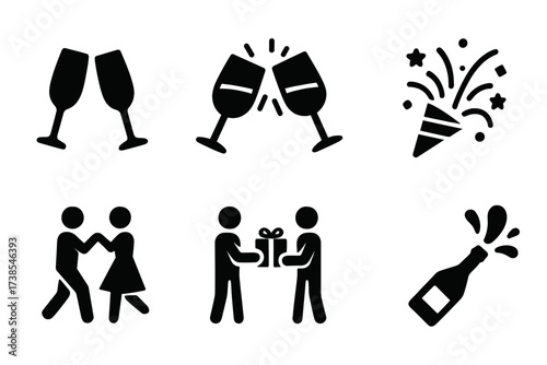 Champagne Celebration Icons. Solid, filled icon set of champagne celebration scenes: toast, clinking glasses, fireworks, confetti, dancing couple, gift
