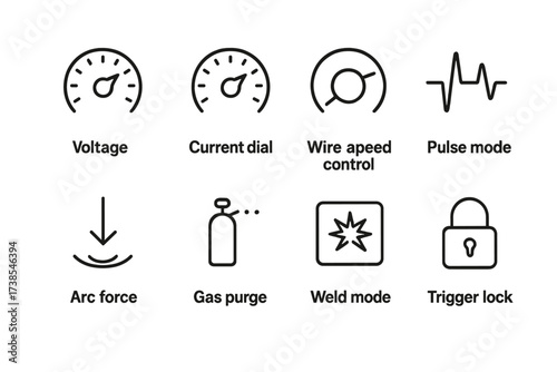 Welding Machine Icons. Outline icon set of welding machine settings: voltage dial, current dial, wire speed control, pulse mode, arc force, gas purge, weld