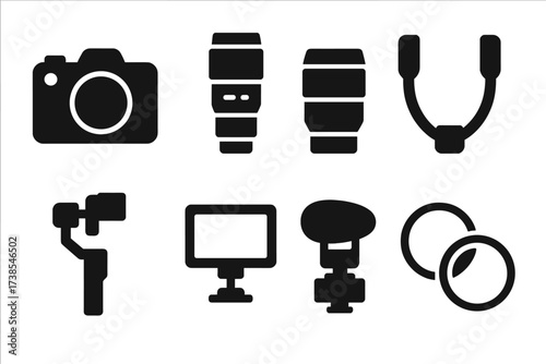 Camera Gear Icons. Solid, filled icon set of camera gear: mirrorless camera, telephoto lens, prime lens, camera strap, gimbal, external monitor, hot shoe mic,