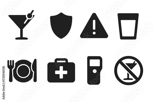 Martini Safety Icons. Solid, filled icon set of martini safety and moderation: drink responsibly sign, age restriction, warning sign, water glass, food plate,