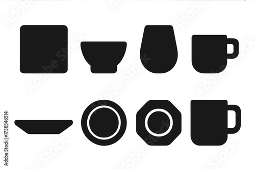 Modern Tableware Icons. Solid, filled icon set of modern tableware: square plate, stackable bowl, stemless wine glass, minimalist cup, flat-edged dish, nesting