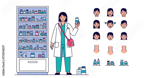 A Pharmacist Stands Proudly Next to a Well Stocked Shelf Holding a Medicine Bottle with Various Facial Expressions And Potion Illustrations