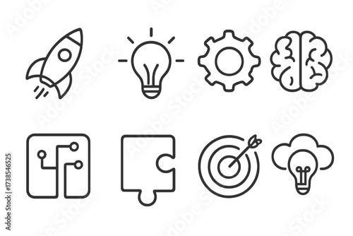 Innovation Icon Set. Outline icon set of innovation and ideas: rocket, light bulb, gear, brain, circuit, puzzle, target, idea cloud. Line icons in only black