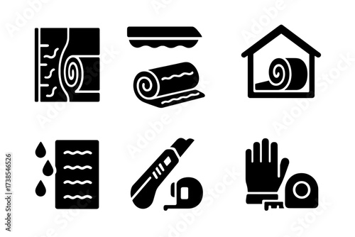 Insulation Icons Set. Solid, filled icon set of insulation installation: wall insulation, ceiling insulation, pipe wrap, attic insulation, vapor barrier,