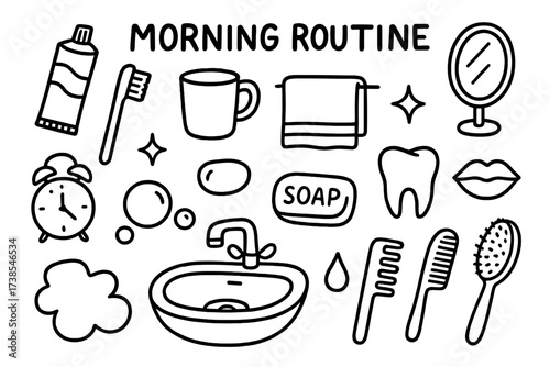Morning Routine Essentials. Hand-drawn doodle illustration Morning routine toothpaste tube, toothbrush, cup, sink, towel, mirror, tooth, soap, water droplet,
