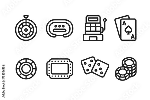 Casino Icon Set. Outline icon set of casino floor: roulette wheel, poker table, slot machine, blackjack cards, dealer chip, casino sign, dice pair, betting