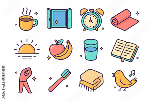Morning Ritual Icons. Morning ritual. Colorful isometric vector icons set of morning ritual: steaming coffee cup, open window, alarm clock, yoga mat, rising