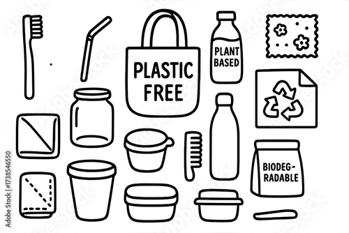 Plastic-Free Essentials Icons. Hand-drawn doodle illustration Plastic-free lifestyle essentials reusable bag, bamboo toothbrush, glass jar, metal straw, cloth