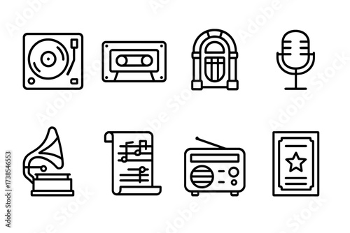Retro Music Icons. Outline icon set of song history: vinyl player, cassette tape, jukebox, old microphone, gramophone, sheet music scroll, retro radio, vintage