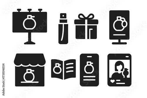 Perfume Marketing Icons. Solid, filled icon set of perfume marketing: billboard, sample tester, promotional gift, advertisement, boutique display, online shop,