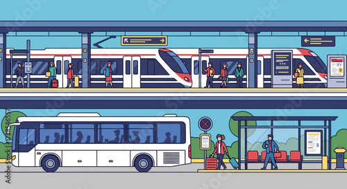 Urban public transportation scene with a train at the station and a bus at the stop illustration