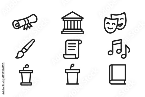 Noble Education Icons. Outline icon set of noble education and culture: diploma, library, theater masks, musical notes, paintbrush, scroll, podium, book. Line