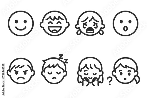 Children and Tourists Icons. Outline icon set of children?s emotions: smiling face, laughing child, crying child, surprised face, angry face, sleepy face, shy