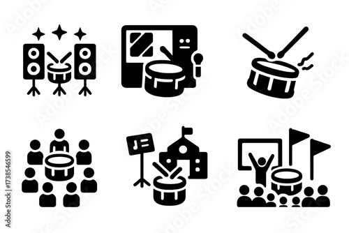 Snare Drum Icons. Solid, filled icon set of snare drum performance settings: concert stage, recording studio, rehearsal room, parade, drum circle, school band,