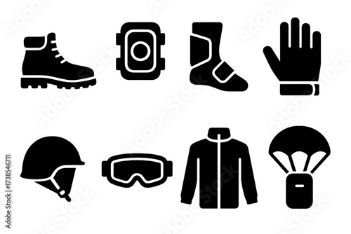 Parachute Gear Icons. Solid, filled icon set of parachute landing gear: boots, knee pads, ankle support, gloves, helmet, goggles, windbreaker, parachute bag.