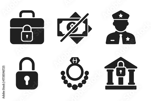 Asset Forfeiture Icons. Solid, filled icon set of asset forfeiture: locked briefcase, confiscated cash, police officer, seized property, security lock, auction
