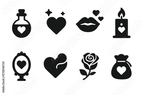 Love Potion Icons. Solid, filled icon set of love potions and spells: love potion bottle, magic heart, kissing spell, candle ritual, enchanted mirror, heart