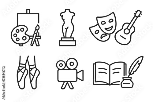 Cultural Expression Icons. Outline icon set of cultural expressions: painting, sculpture, music instrument, theater mask, dance shoes, film camera, book,