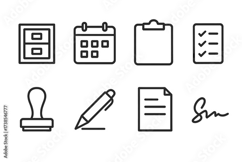 Administrative & Finance Icons. Outline icon set of administrative tasks: filing cabinet, calendar, clipboard, checklist, stamp, pen, contract, signature. Line