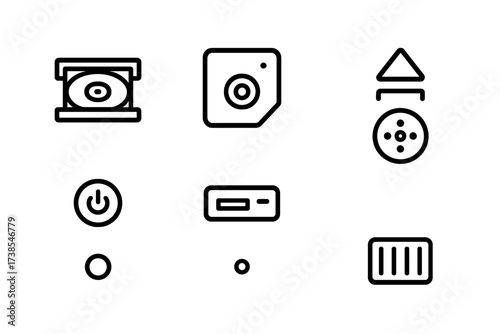 CD Drive Icon Set. Outline icon set of CD/DVD drive parts: tray, laser lens, eject mechanism, disc motor, power button, USB port, indicator light, ventilation