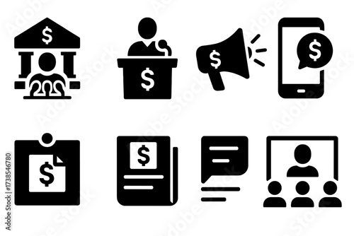 Central Bank Icon Set. Solid, filled icon set of central bank communication: press conference, speech podium, media release, social media, public notice,