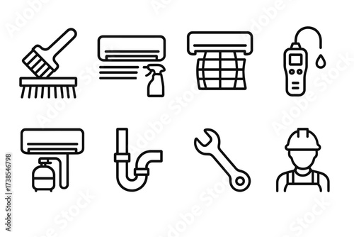 Air Conditioner Icons. Outline icon set of air conditioner maintenance: cleaning brush, coil cleaner, filter replacement, leak detector, refrigerant refill,