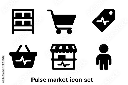 Pulse Market Icons. Solid, filled icon set of pulse market: store shelf, shopping cart, price tag, basket, vendor stall, weighing scale, cash register,
