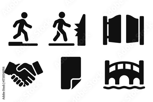 Iconic Threshold Transitions. Solid, filled icon set of threshold transitions: stepping over, crossing line, breaking barrier, open gate, handshake, turning