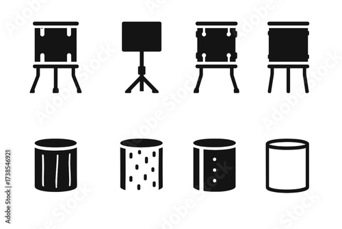 Floor Tom Icon Set. Solid, filled icon set of floor tom types: acoustic floor tom, electronic floor tom pad, vintage floor tom, modern floor tom, maple shell,