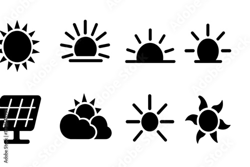 Sunlight Icon Grid. Solid, filled icon set of sunlight concepts: sun, sun rays, sunrise, sunset, solar panel, sun with clouds, sunbeam, solar flare. [Line