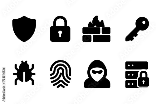 Cybersecurity Icon Set. Solid, filled icon set of cybersecurity: shield, padlock, firewall, key, antivirus, fingerprint, hacker mask, secure server. [Line