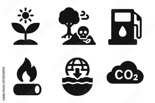 Carbon Cycle Icons. Solid, filled icon set of carbon cycle: photosynthesis, respiration, decomposition, fossil fuel, combustion, carbon storage,
